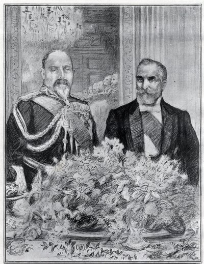 Cordial: het bezoek van de Franse president Emile Loubet aan Londen - het banket in de Franse ambassade - Koning Edward VII en Loubet - getekend door Paul Renouard voor de krant The Graphic. Juli 1903. door Charles Paul Renouard