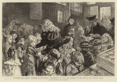 Het Uitdelen van de Winterliefdadigheden van de Parochie, distributie van voedsel en kleding aan de armen van St Clement Dane