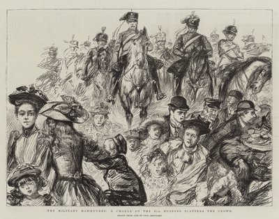 De Militaire Manoeuvres, een aanval van de 8e Huzaren verspreidt de menigte door Charles Paul Renouard