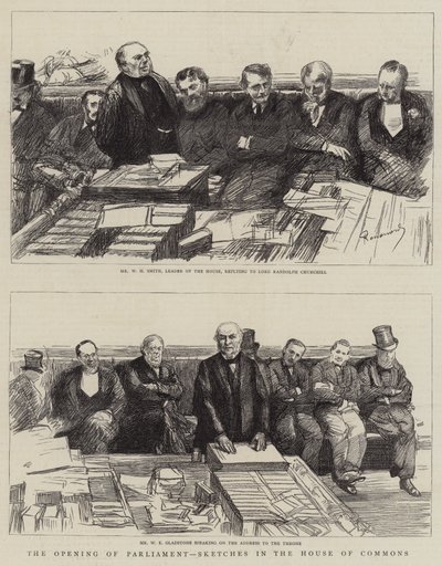 De opening van het parlement, schetsen in het Lagerhuis door Charles Paul Renouard