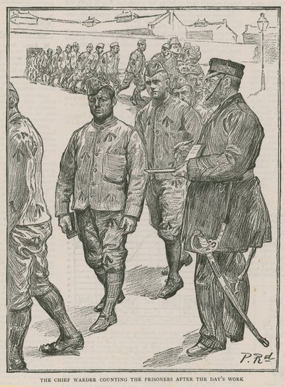 De hoofdopzichter telt de gevangenen na een dag werk door Charles Paul Renouard