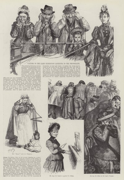 Bezoekers van de Parijse Tentoonstelling luisteren naar de fonograaf door Charles Paul Renouard