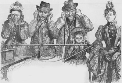 Bezoekers van de Parijse tentoonstelling luisteren naar de fonograaf door Charles Paul Renouard