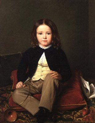 Portret van een jongen zittend op een kussen met een hoorn door Charles Paulin Francois Matet