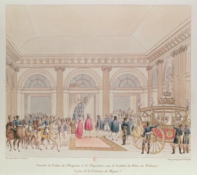 De afdaling van de keizer en keizerin uit de koets onder de vestibule van het Tuilerieënpaleis op de dag van hun huwelijk (kleurgravure) door Charles Percier