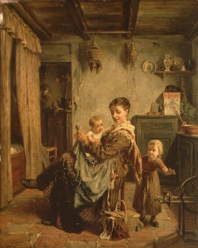 Cache-Cache, een interieur met moeder en kind door Charles Petit