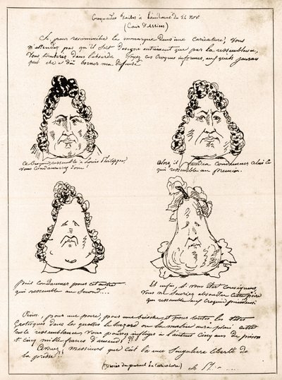 Croquades gemaakt tijdens de hoorzitting van 14 november - cartoon Louis Philippe in peer door Charles Philipon - 1832 - (Louis-Philippe verandert geleidelijk in een peer) door Charles Philipon