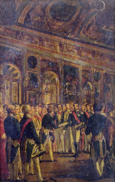 De Senaat presenteert Louis Napoleon Bonaparte (1808-73) het resultaat van het referendum dat hem tot keizer uitroept, in Saint-Cloud, 1 december 1852 door Charles Philippe Lariviere