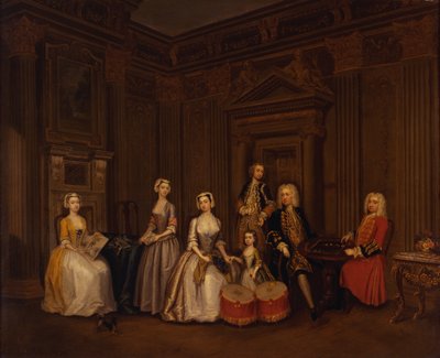Portret van Algernon Seymour, Lord Hertford (later 7e hertog van Somerset) met kolonel Tomkins Wardour, kolonel Browne, Lord Beauchamp, Frances, Lady Hertford, Lady Elizabeth Seymour en Miss Herbert door Charles Philips