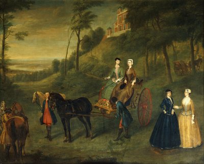 Dames en hofdames in Greenwich Park: Een groepsportret van Juliana, hertogin van Leeds, Lady Charlotte Hamilton, Lady Isabella Tufton en Henrietta, gravin van Pomfret, allen in rijgewoonten, met stalknecht en paarden voor het observatorium, 173 door Charles Phillips