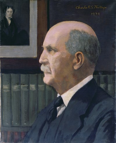 William Henry Bragg (1862-1942) met een afbeelding van Michael Faraday (1791-1867) op de achtergrond, 1939 door Charles Phillips