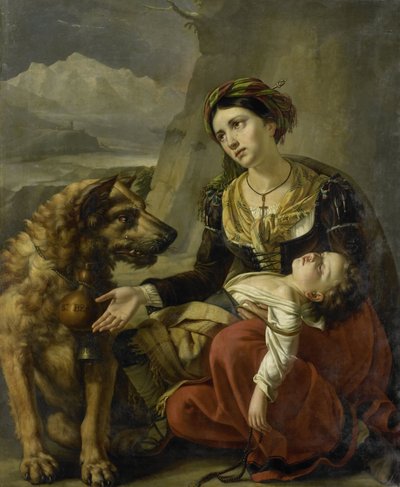 Een Sint-Bernardshond komt een verloren vrouw met een ziek kind te hulp door Charles Picqué