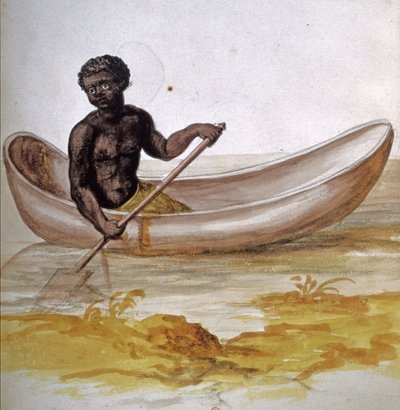 Jonge neger in een kano in het Caribisch gebied, circa 1686 (aquarel) door Charles Plumier
