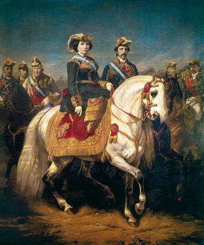 Militaire parade gereviewd door koningin Isabella II van Spanje door Charles Porion