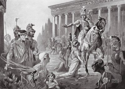 Alexander bij de inname van Thebe, v.Chr. 335 (litho) door Charles Rebel Stanton