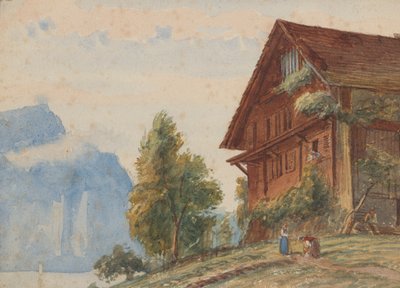 Chalet met figuren door Charles Reginald Aston