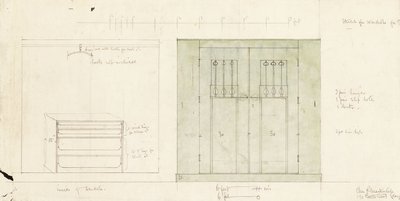 Ontwerp voor een kledingkast, getoond in elevatie van de voorkant en interieur door Charles Rennie Mackintosh