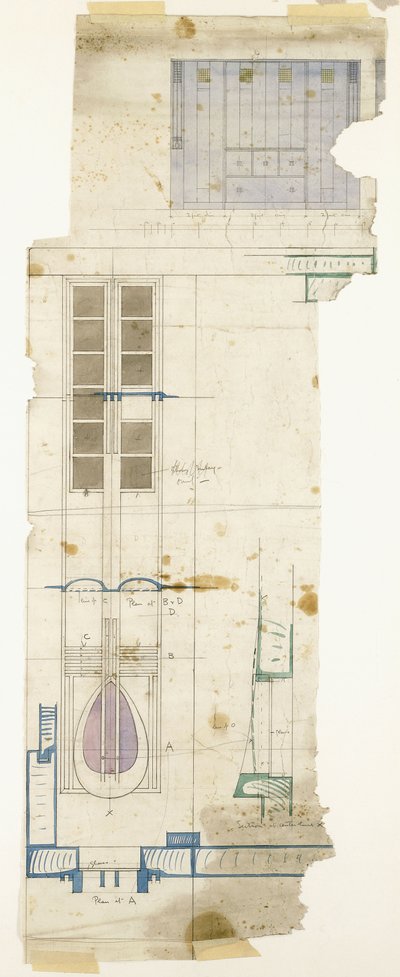 Ontwerp voor een kledingkast, getoond in elevatie, met half-volledige details van decoratief paneel, 1904 door Charles Rennie Mackintosh