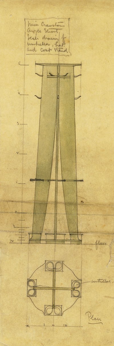 Ontwerp voor een paraplu-, hoed- en kapstok, getoond in elevatie en plan, ca. 1898-1899 door Charles Rennie Mackintosh