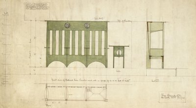 Ontwerp voor banken en een tafel, getoond in elevatie en doorsnede door Charles Rennie Mackintosh