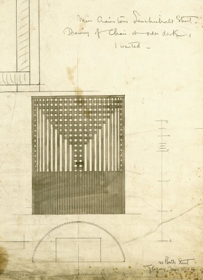 Ontwerp voor de Order Bureau Stoel, getoond in elevatie en plan, 1904 door Charles Rennie Mackintosh