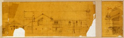 Ontwerp voor de gevel van een kerk getoond in elevatie, en een bijkomend ontwerp voor de ingang van de kerk, getoond in elevatie, ca. 1895-99 door Charles Rennie Mackintosh