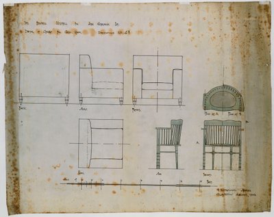 Ontwerpen voor een gestoffeerde stoel en een spilstoel getoond in elevatie en plannen door Charles Rennie Mackintosh