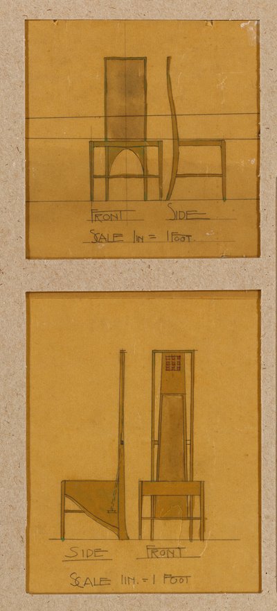 Ontwerpen voor stoelen getoond in voor- en zijaanzichten, voor de Room de Luxe, Willow Tea Rooms door Charles Rennie Mackintosh