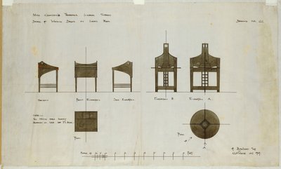Ontwerpen voor schrijftafels getoond in voor- en zijaanzichten, voor de Ingram Street Tea Rooms, 1909 door Charles Rennie Mackintosh