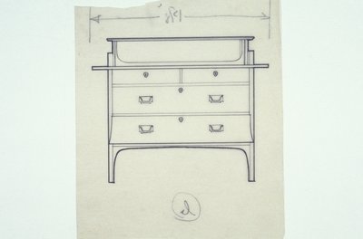 Lijntekening van meubel (een bank met geschilderde panelen), ca. 1910 door Charles Rennie Mackintosh