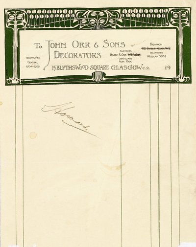 Briefpapierontwerp voor John Orr & Sons, Glasgow, ca. 1894-1898 door Charles Rennie Mackintosh