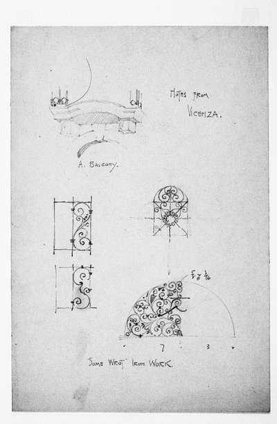 Vicenza, links een balkon, en onder, wat smeedijzerwerk, 1891 door Charles Rennie Mackintosh