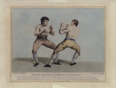 Engelse prijsvechters Daniel Mendoza en Richard Humphreys bij hun bokswedstrijd op 29 september 1790 (gravure) door Charles Reuben (after) Ryley