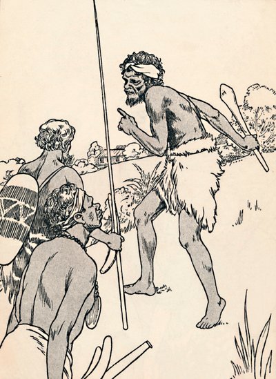 Aboriginal mannen naderen een boerderij van kolonisten, 1912 door Charles Robinson