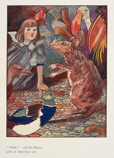 "Ahem!" zei de muis, met een belangrijk air. Alice met een muis en andere dieren. door Charles Robinson