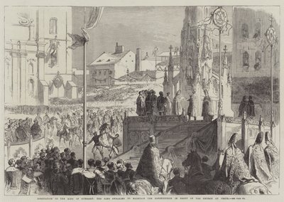 Kroning van de koning van Hongarije, de koning zweert de grondwet te handhaven voor de kerk in Pesth door Sir John Charles Robinson