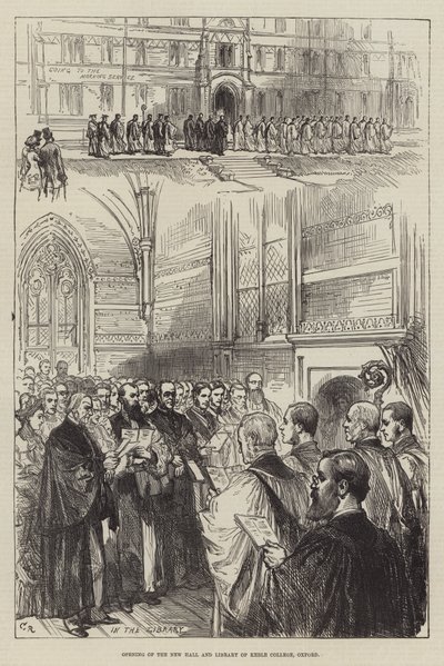 Opening van de nieuwe hal en bibliotheek van Keble College, Oxford door Sir John Charles Robinson