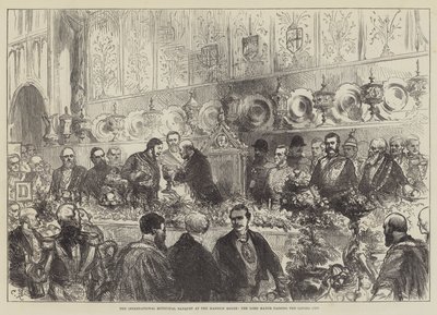 Het Internationale Gemeentelijke Banket in het Mansion House, de Lord Mayor passeert de Loving Cup door Sir John Charles Robinson