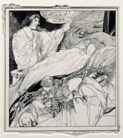 Daar lag ze, zo mooi uitziend, illustratie uit Briar Rose, The True Annals of Fairyland - The Reign of King Herla, uitgegeven door J.M. Dent & Co. Ltd., 1900 door Charles Robinson
