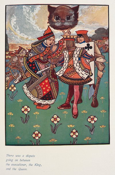 Er was een geschil gaande tussen de beul, de koning en de koningin. De Cheshire kat keek toe. door Charles Robinson