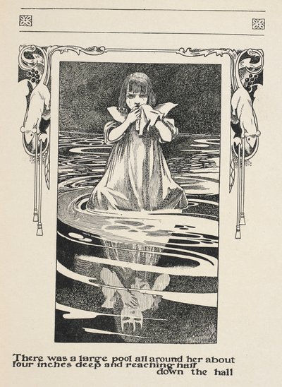 Er was een grote poel om haar heen van ongeveer vier centimeter diep en reikte halverwege de hal. Alice huilt in de poel van tranen. door Charles Robinson