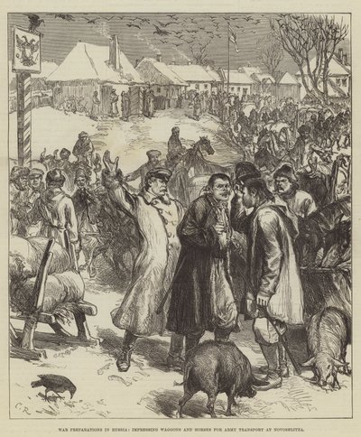 Oorlogsvoorbereidingen in Rusland, het in beslag nemen van wagens en paarden voor legertransport in Novoselitza door Sir John Charles Robinson
