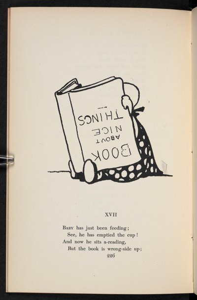 XVII. Een rijm. Een kind leest een boek ondersteboven. door Charles Robinson