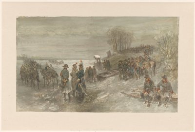 Franse troepen trekken over een bevroren rivier door Charles Rochussen