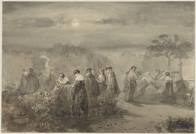 Gezelschap van dames en heren in een door de maan beschenen hof met rozenstruiken door Charles Rochussen