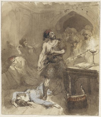 Man en op de grond liggende vrouw in een Moors vertrek door Charles Rochussen