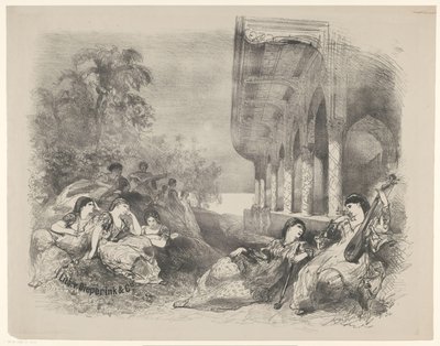 Scène uit toneelstuk met oosterse vrouwen door Charles Rochussen