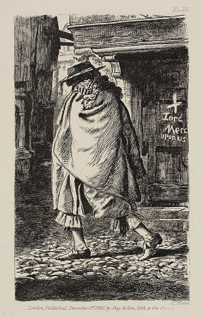 Een gehulde figuur die door de straat loopt (ten tijde van de pest in Londen) door Charles Samuel Keene