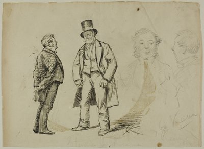 Schets van Twee Staande Mannen en Twee Portretten door Charles Samuel Keene