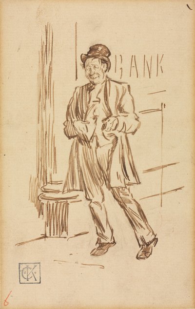 Studie van een dronken man die langs een bank loopt door Charles Samuel Keene